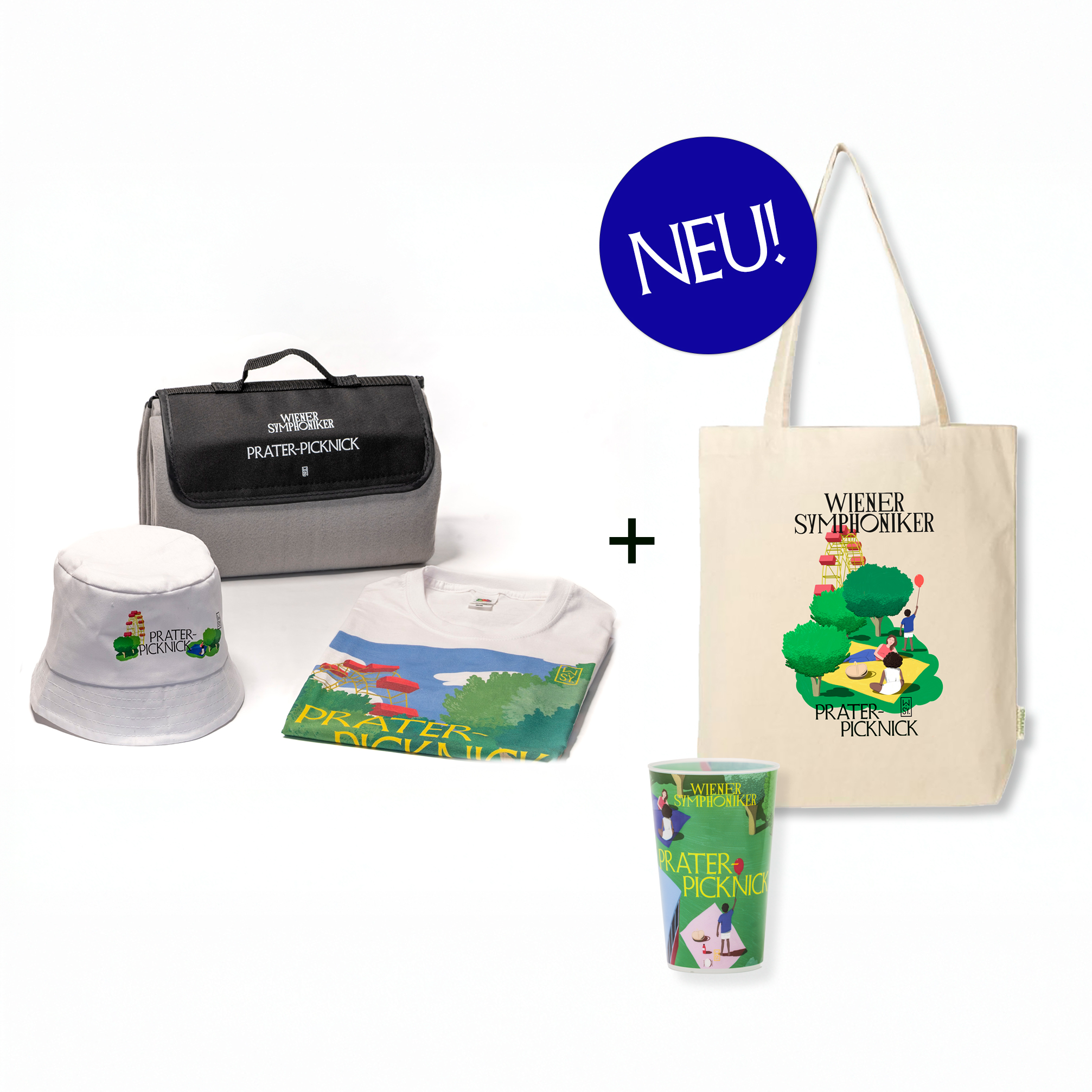 Picknick-Decke, Hut, T-Shirt, Becher, Stofftasche